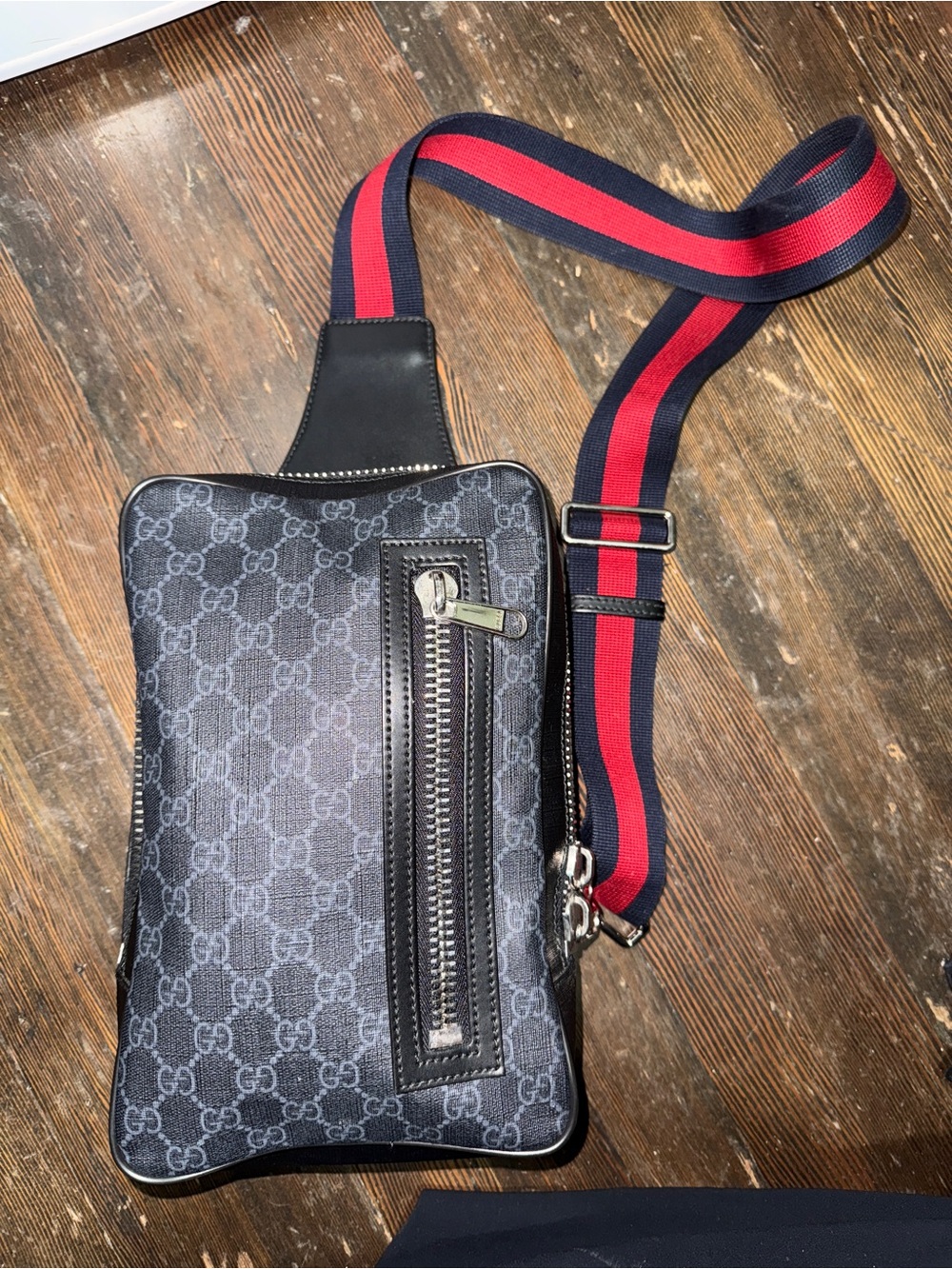 Gucci Black GG Supreme Sling Bag with Red-Blue Web Strap
